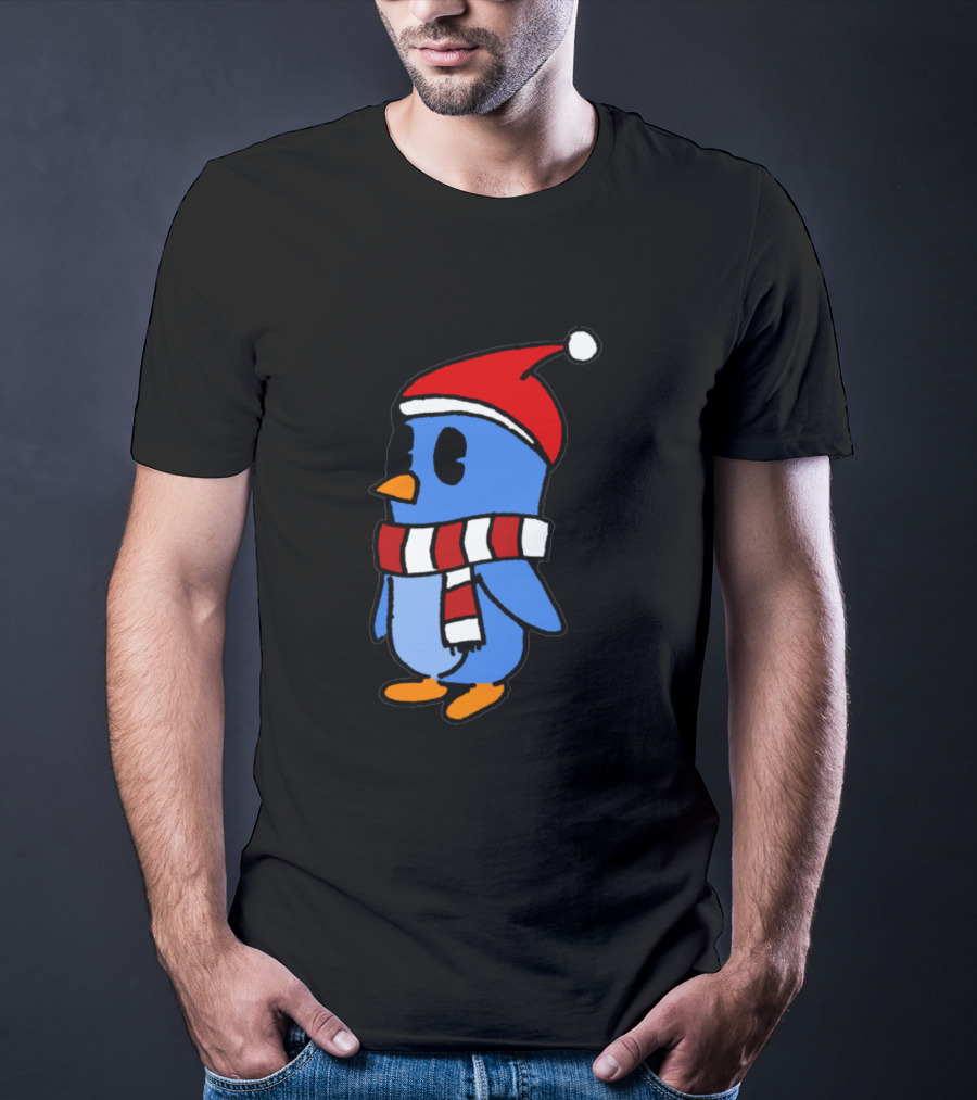 Crudely Handdrawn Pengu 763669 In Santa Hat With Red And White Scarf T-Shirt