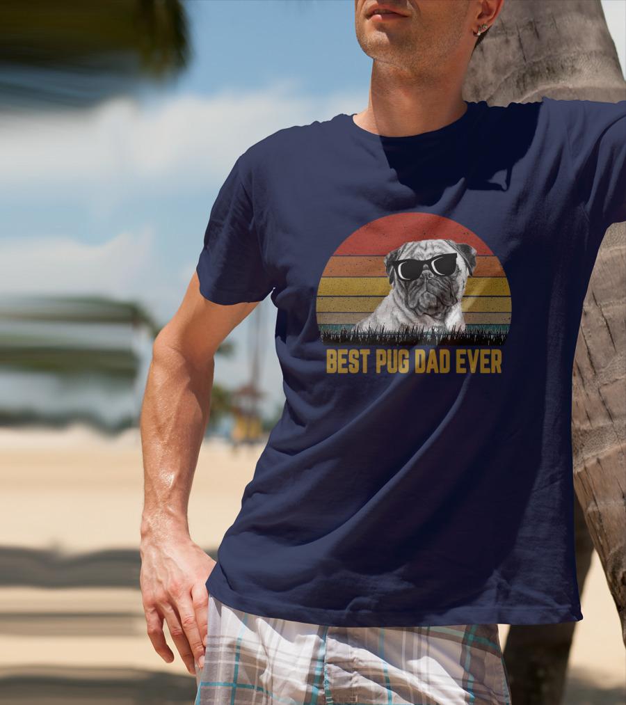 Best Pug Dad Ever Sunglasses Retro Sunset Background T-Shirt