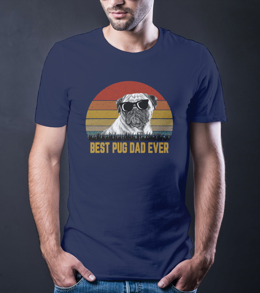 Best Pug Dad Ever Sunglasses Retro Sunset Background T-Shirt