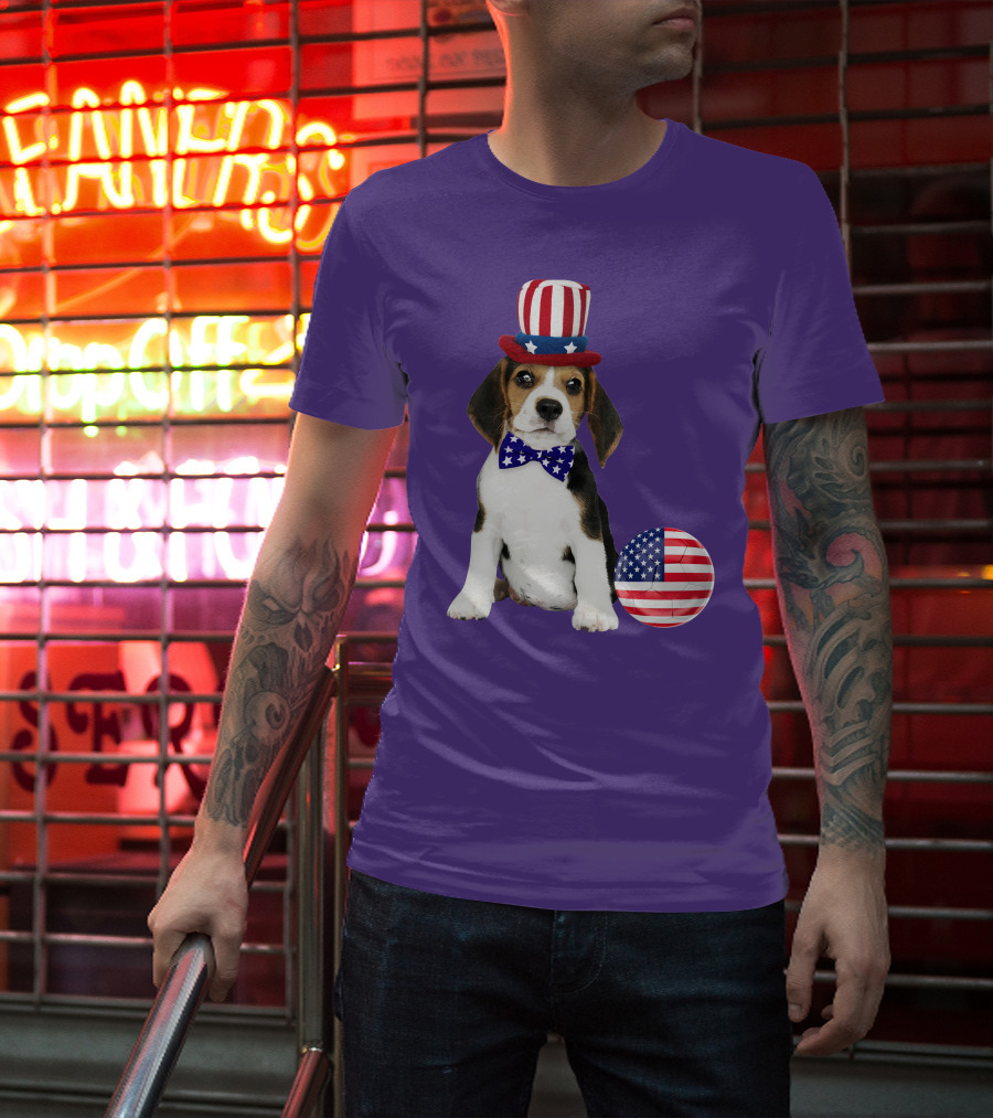 Patriotic Beagle With American Flag Hat And Bow Tie T-Shirt