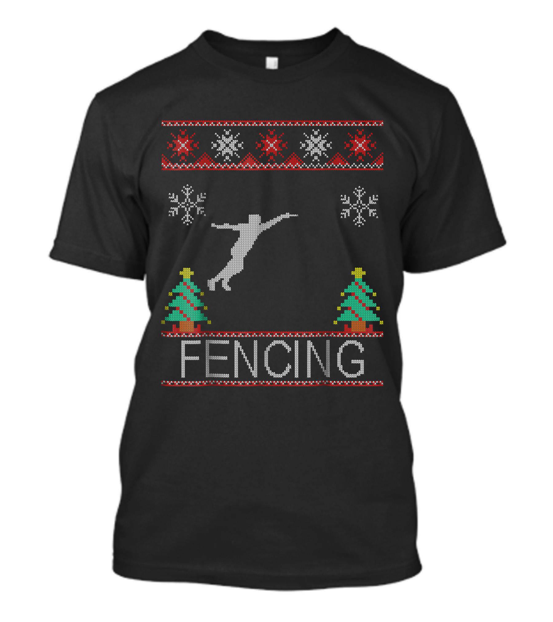 Fencing Ugly Christmas Sweater Style With Snowflakes And Trees T-Shirt