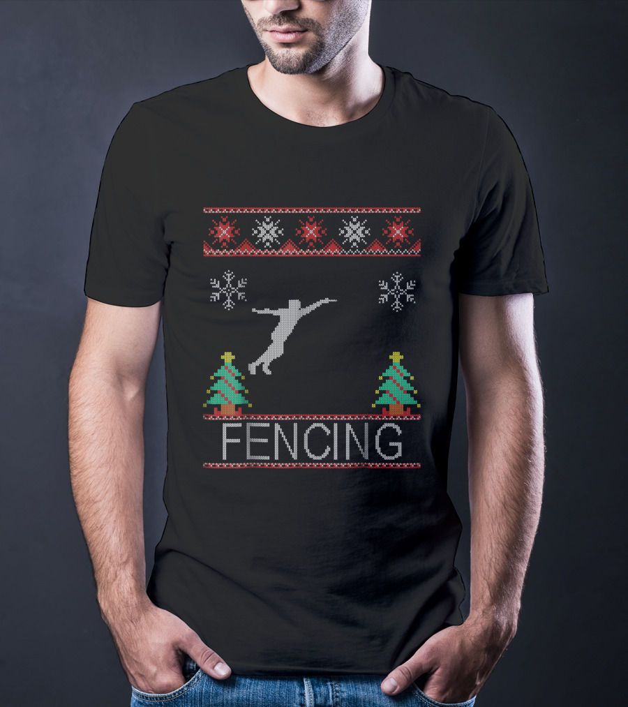 Fencing Ugly Christmas Sweater Style With Snowflakes And Trees T-Shirt