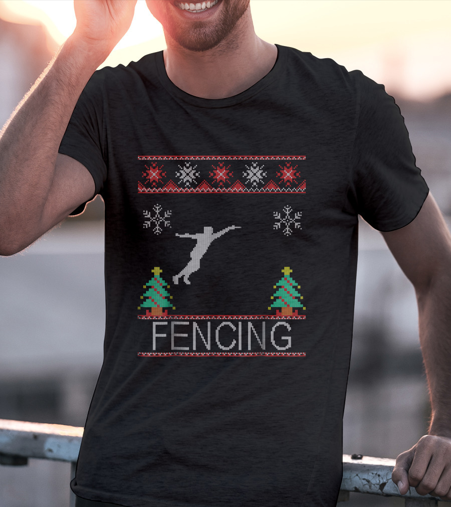 Fencing Ugly Christmas Sweater Style With Snowflakes And Trees T-Shirt