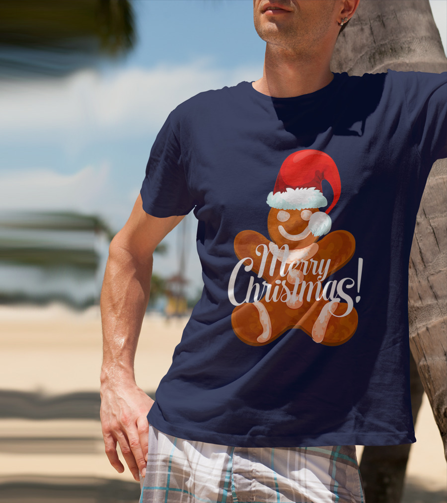 Merry Christmas Gingerbread With Santa Hat T-Shirt