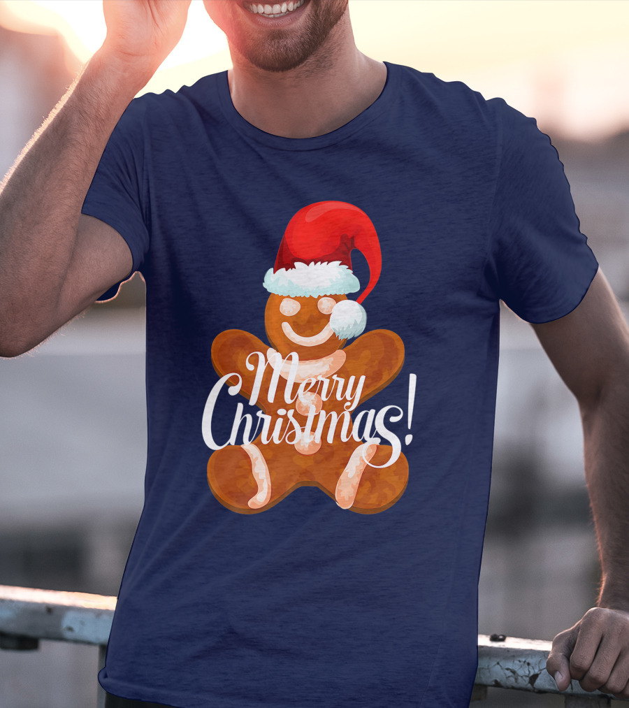 Merry Christmas Gingerbread With Santa Hat T-Shirt