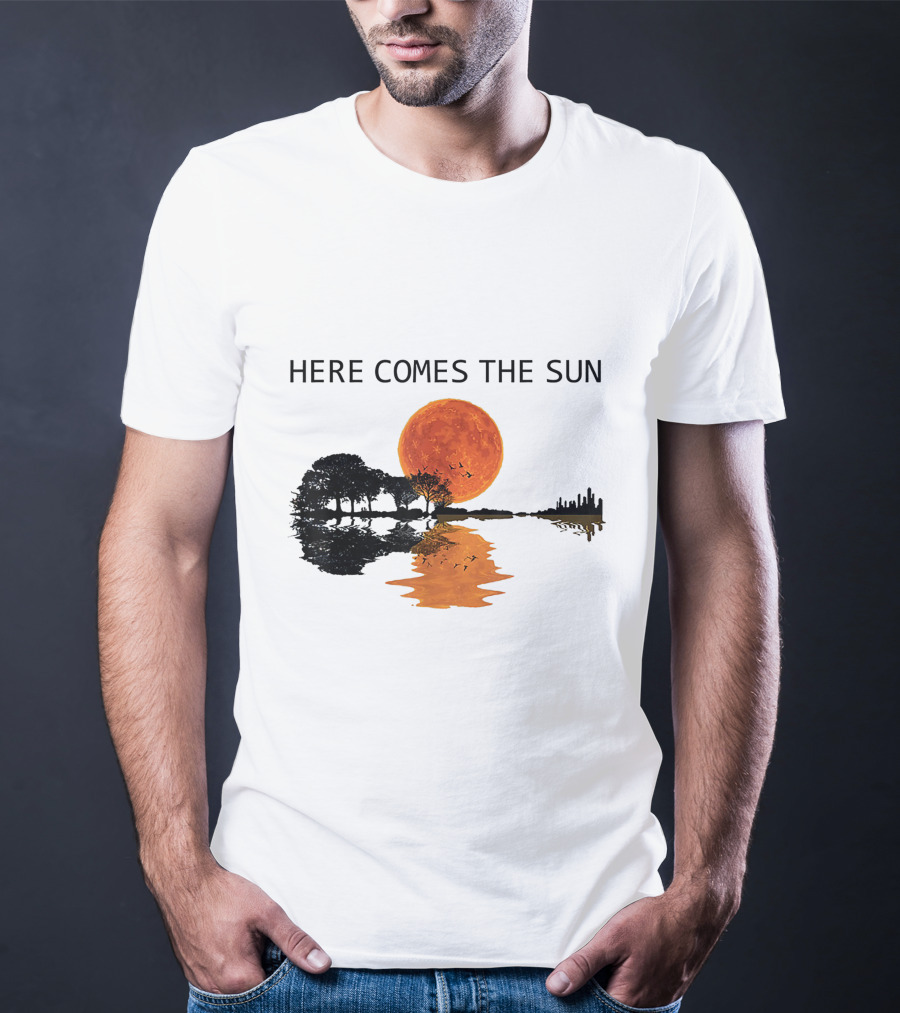 Here Comes The Sun Guitar Shadow Sunset Tree Reflection T-Shirt