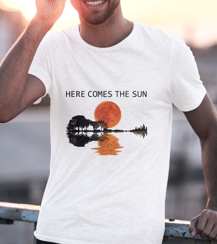 Here Comes The Sun Guitar Shadow Sunset Tree Reflection T-Shirt