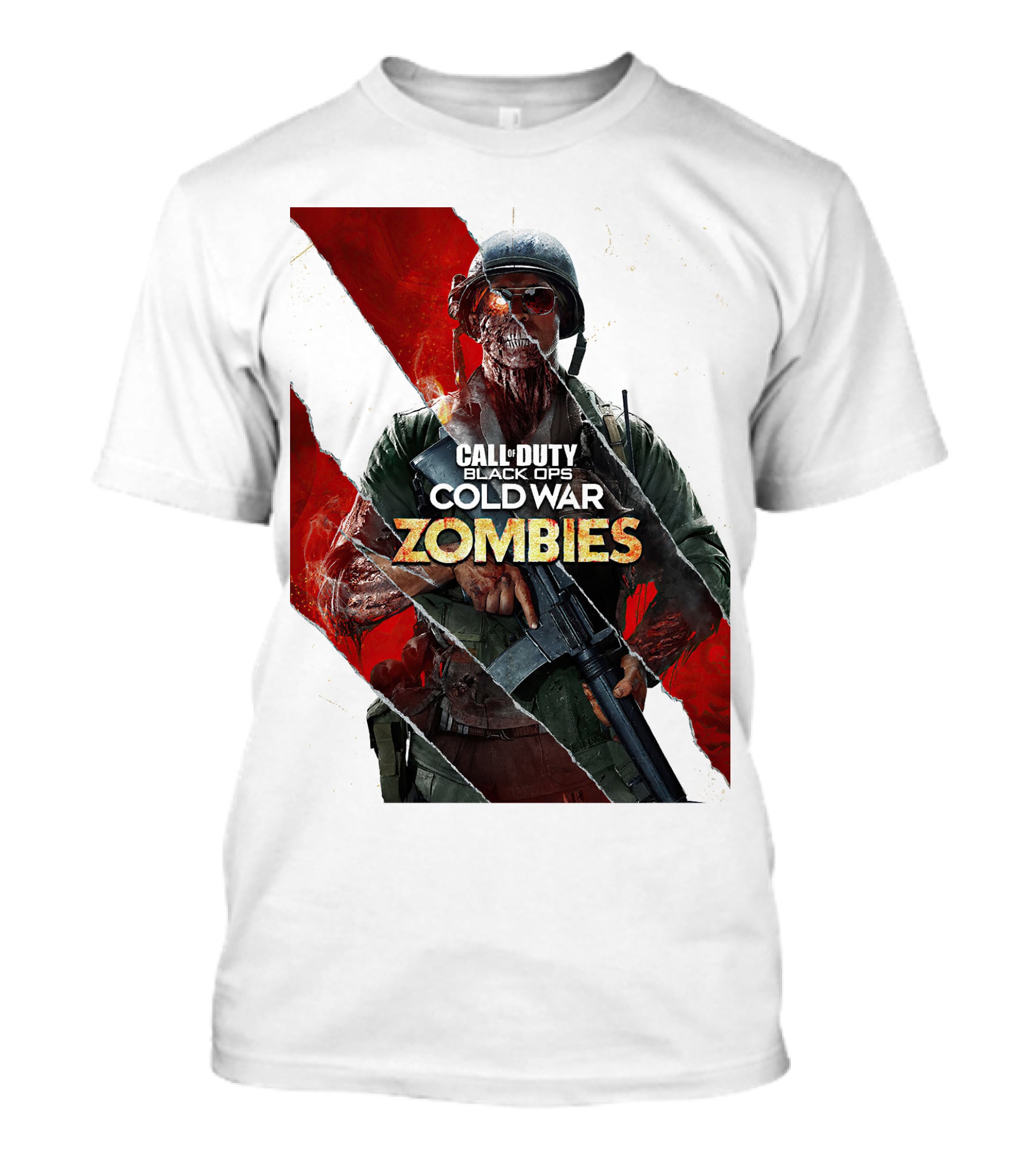 Call Of Duty Black Ops Cold War Zombies Soldier With Gun And Red Torn Stripes T-Shirt