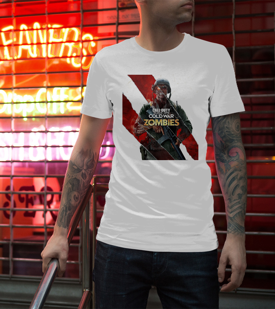 Call Of Duty Black Ops Cold War Zombies Soldier With Gun And Red Torn Stripes T-Shirt