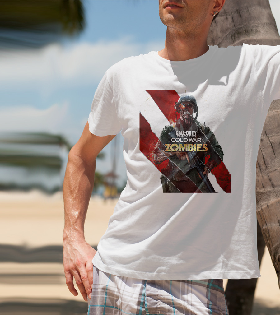 Call Of Duty Black Ops Cold War Zombies Soldier With Gun And Red Torn Stripes T-Shirt