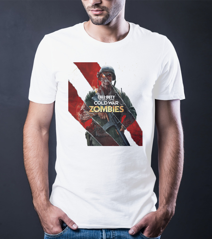 Call Of Duty Black Ops Cold War Zombies Soldier With Gun And Red Torn Stripes T-Shirt