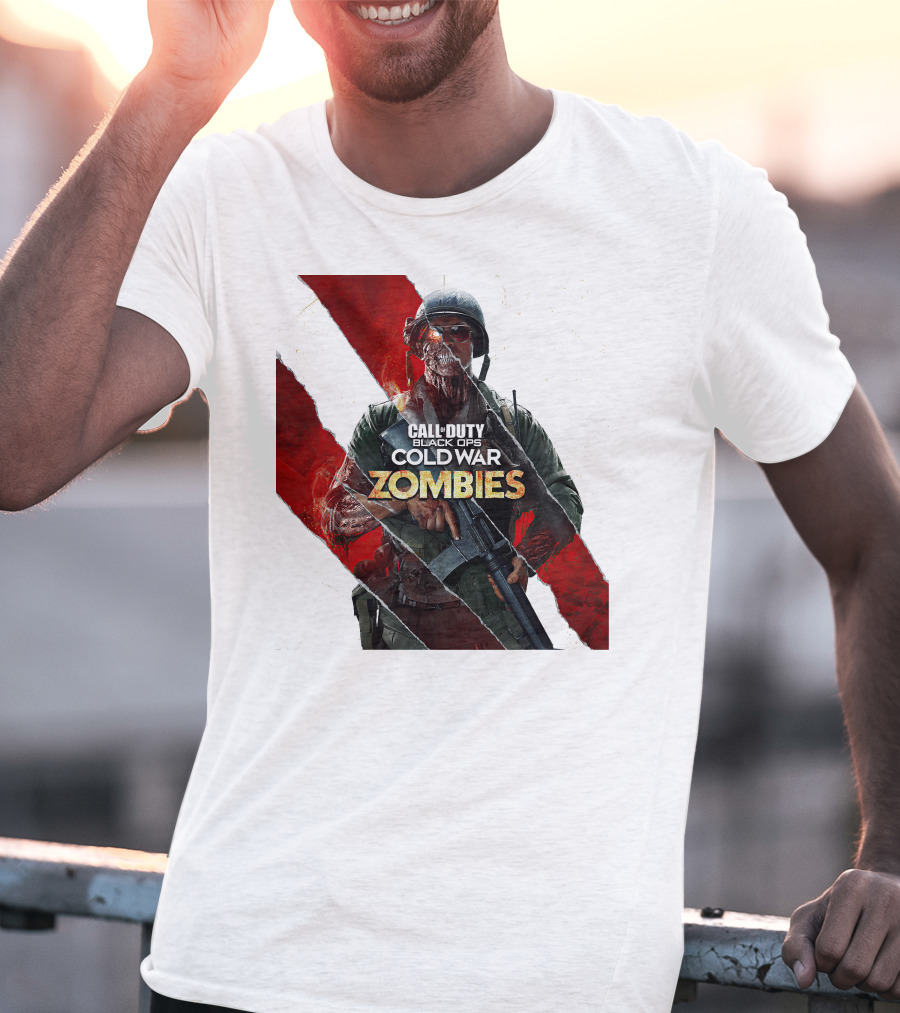 Call Of Duty Black Ops Cold War Zombies Soldier With Gun And Red Torn Stripes T-Shirt
