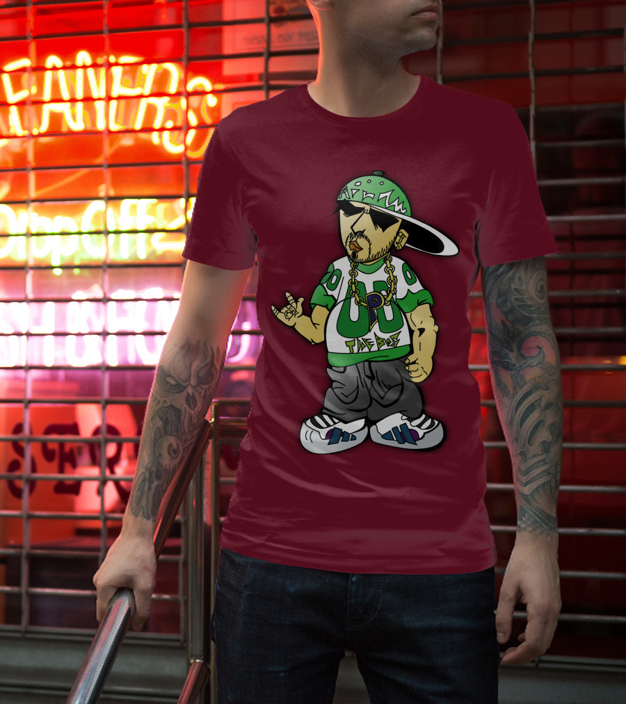 HipHop Cartoon Character With UP The Posse On Green Snapback And Chain T-Shirt
