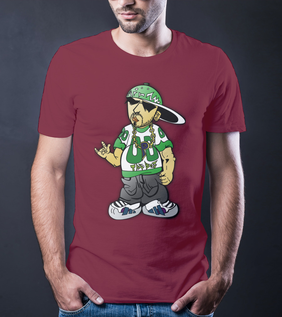 HipHop Cartoon Character With UP The Posse On Green Snapback And Chain T-Shirt