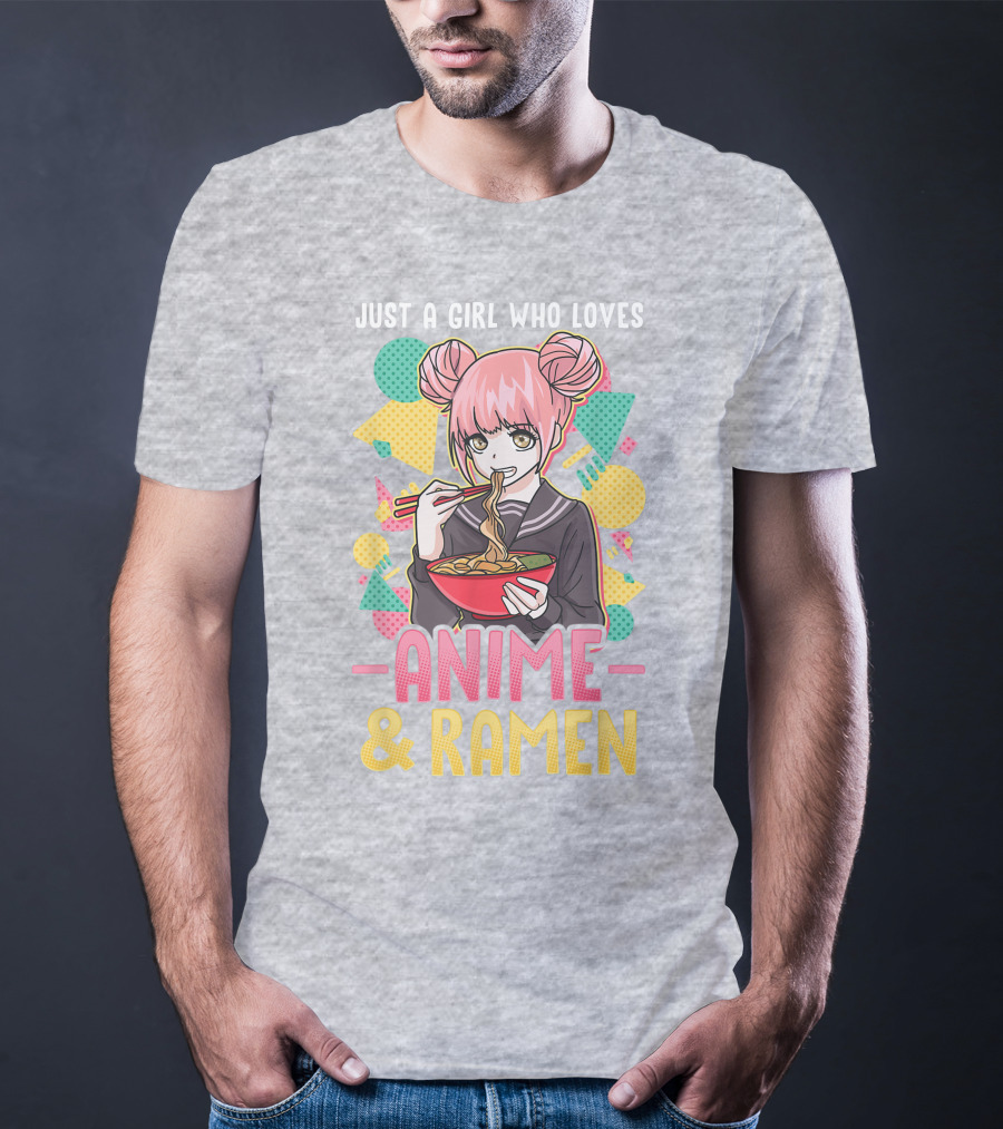 Just A Girl Who Loves Anime And Ramen With Pink-Haired Character Eating Noodles T-Shirt