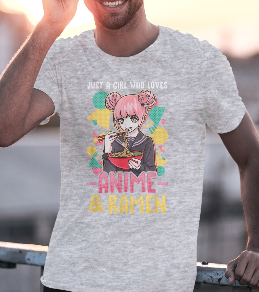 Just A Girl Who Loves Anime And Ramen With Pink-Haired Character Eating Noodles T-Shirt