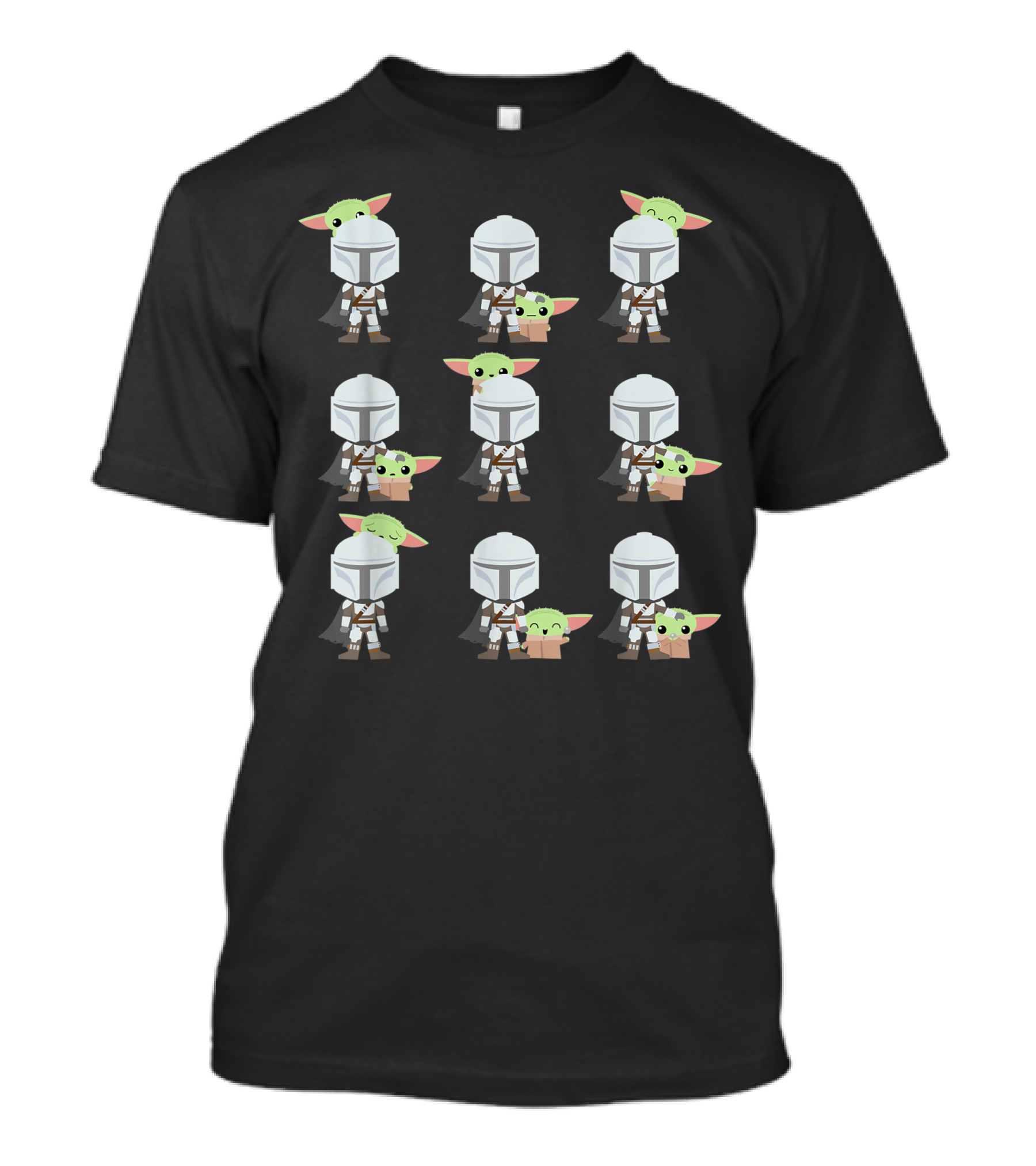 Star Wars The Mandalorian Baby Yoda Expressions Multiple Poses With Helmeted Hero T-Shirt