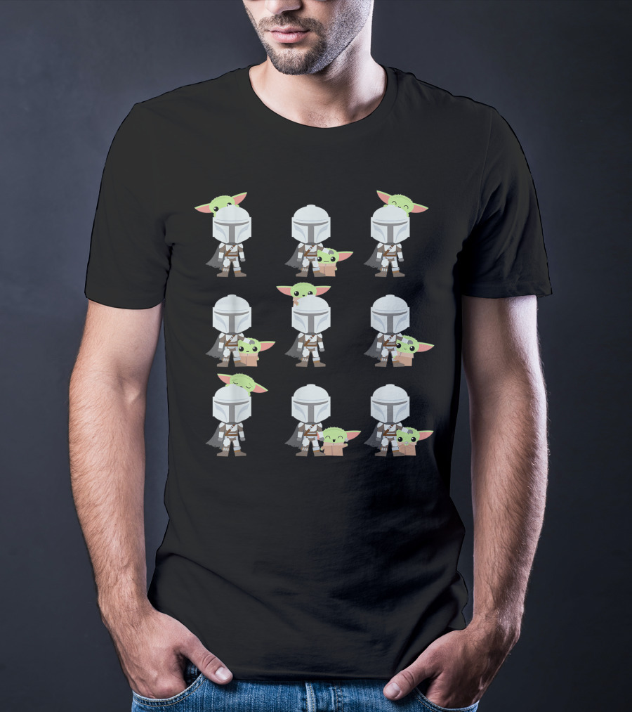 Star Wars The Mandalorian Baby Yoda Expressions Multiple Poses With Helmeted Hero T-Shirt