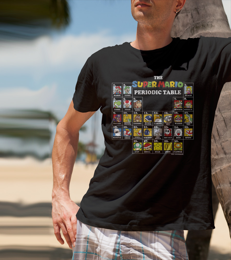Super Mario Periodic Table Featuring Luigi Peach Yoshi Bowser Toad Donkey Kong And More Iconic Characters T-Shirt