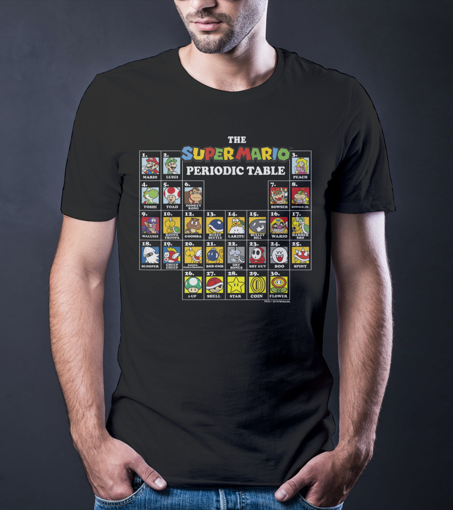 Super Mario Periodic Table Featuring Luigi Peach Yoshi Bowser Toad Donkey Kong And More Iconic Characters T-Shirt
