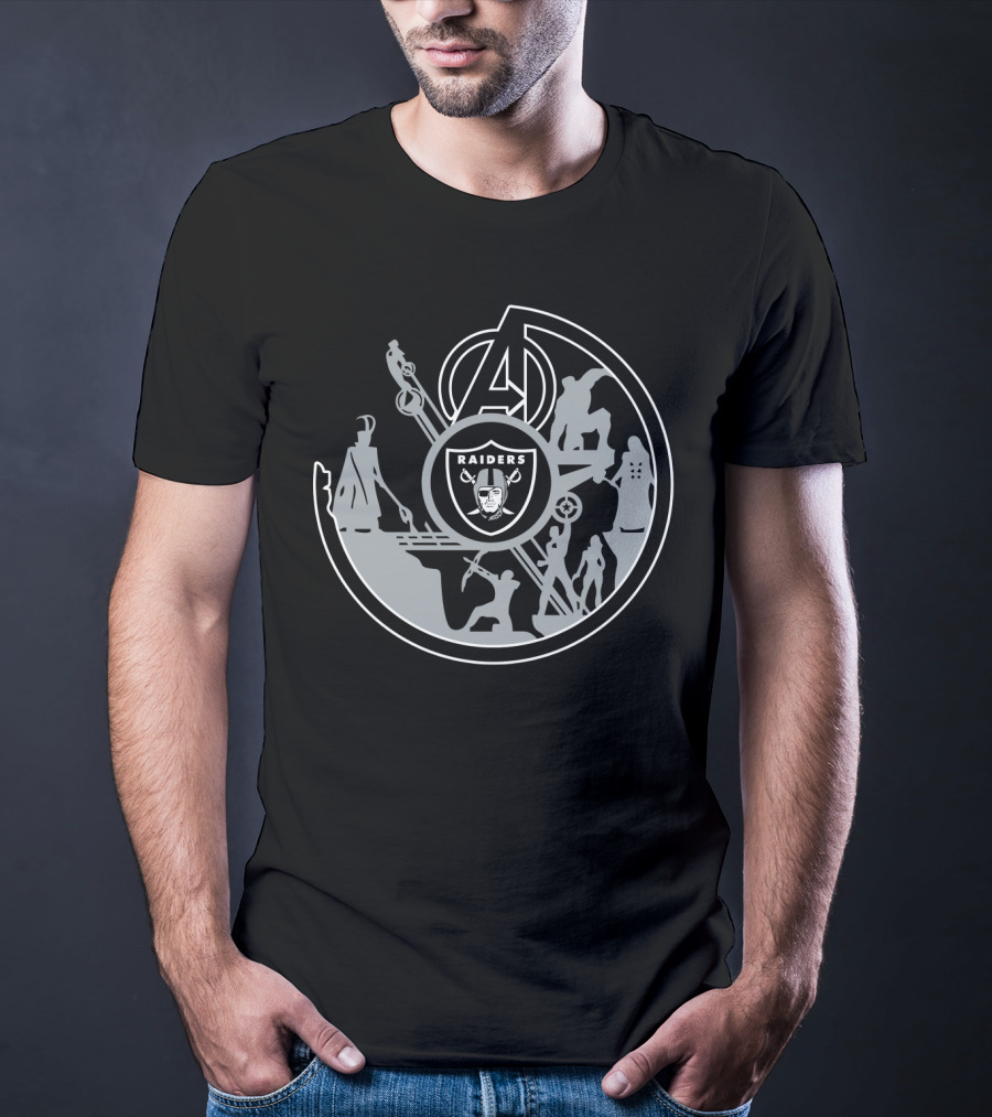 Avengers Raiders Crossover Emblem With Superhero Silhouettes And Icons T-Shirt