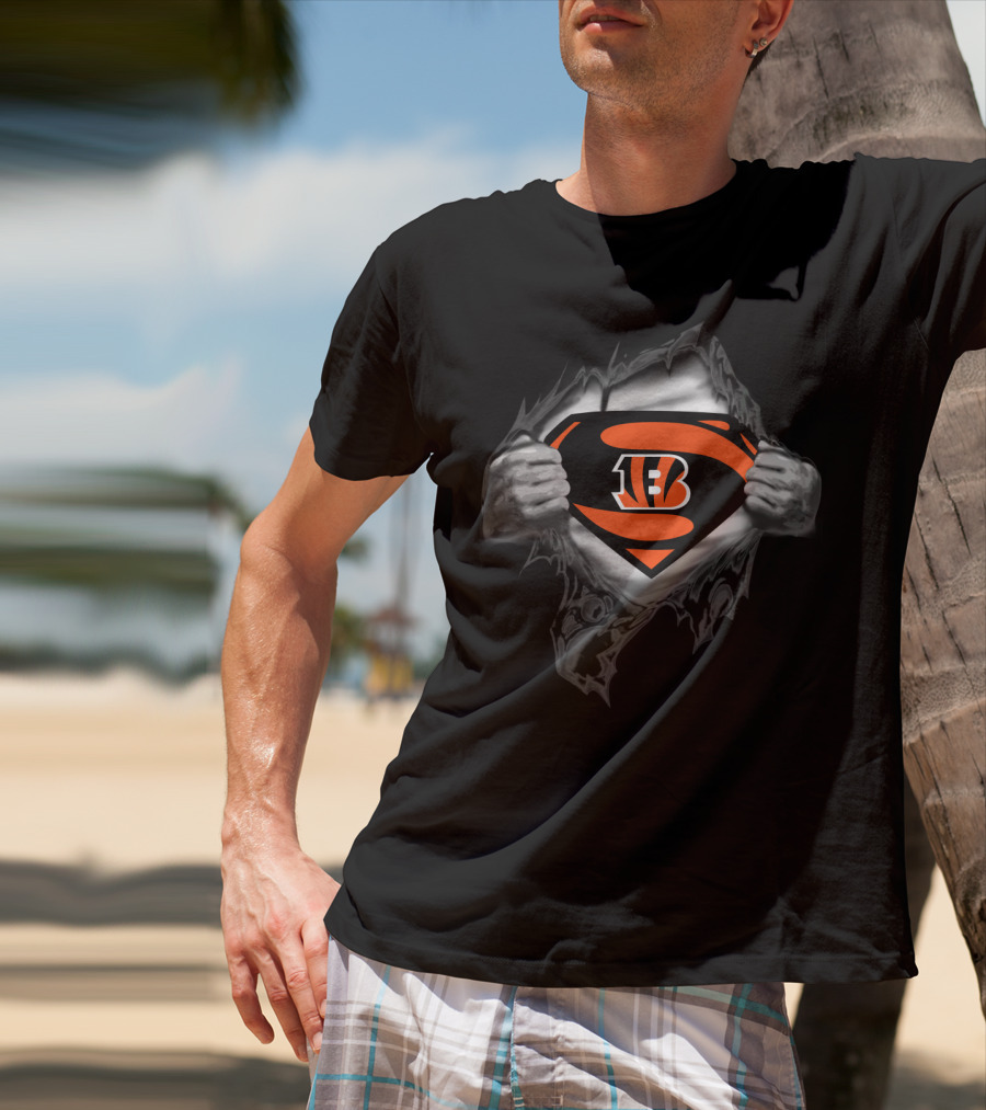 Superman Bengals Logo Hidden Beneath Ripped T-Shirt