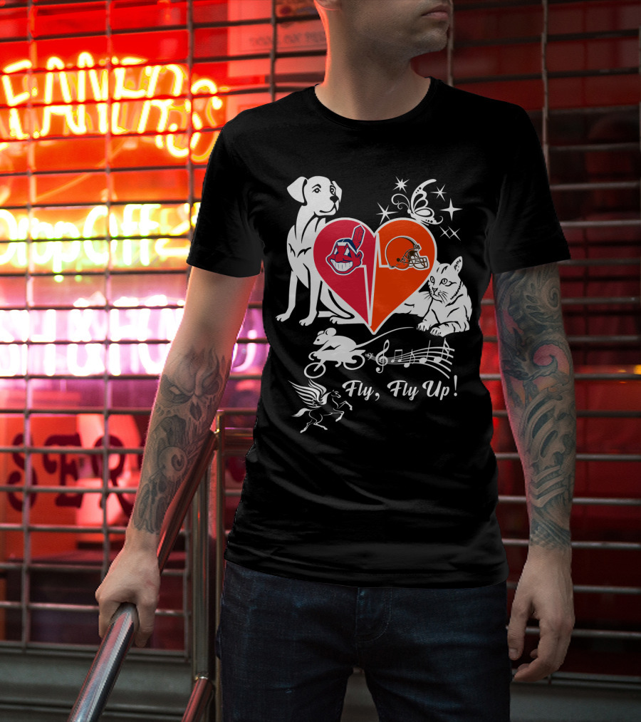 Fly Fly Up Browns Indians Dog Cat Heart Butterfly Music Notes T-Shirt