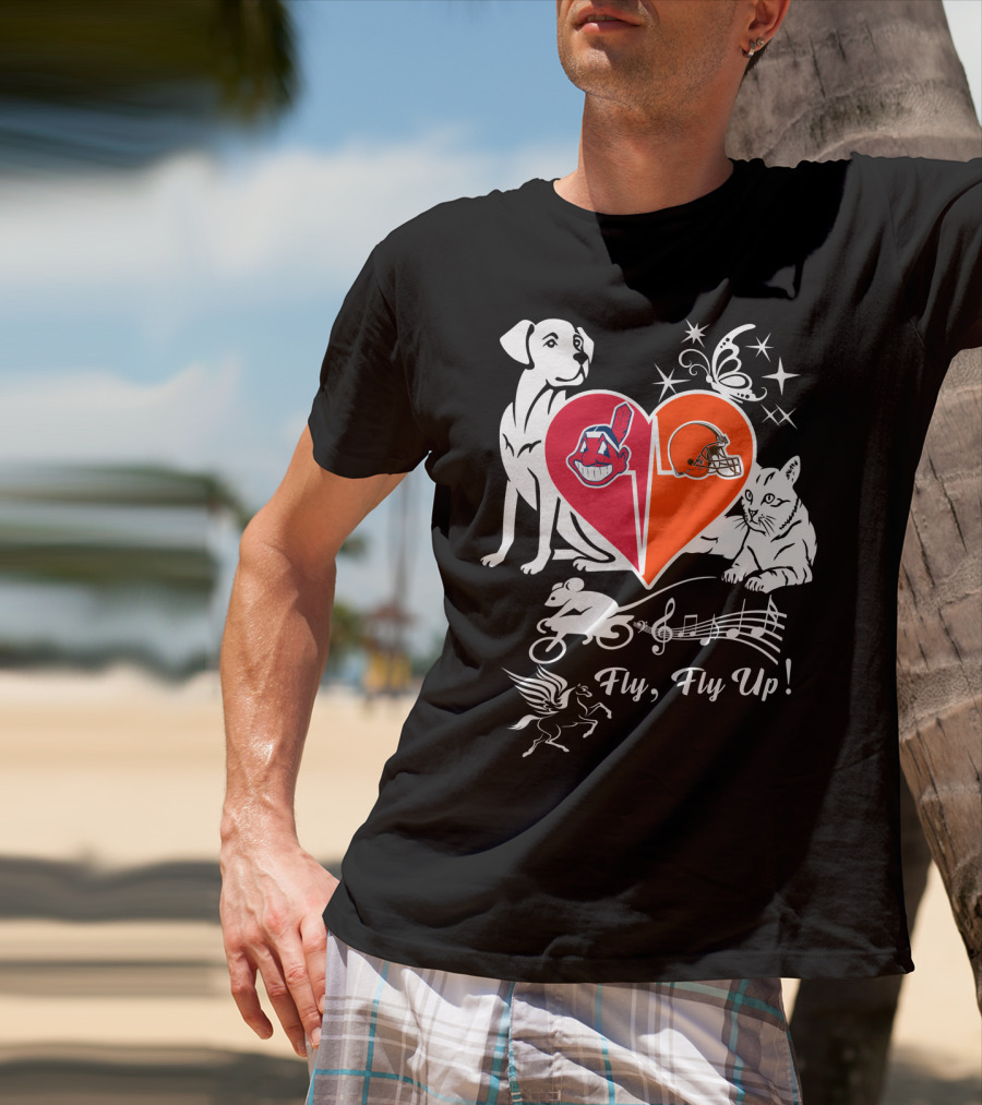 Fly Fly Up Browns Indians Dog Cat Heart Butterfly Music Notes T-Shirt