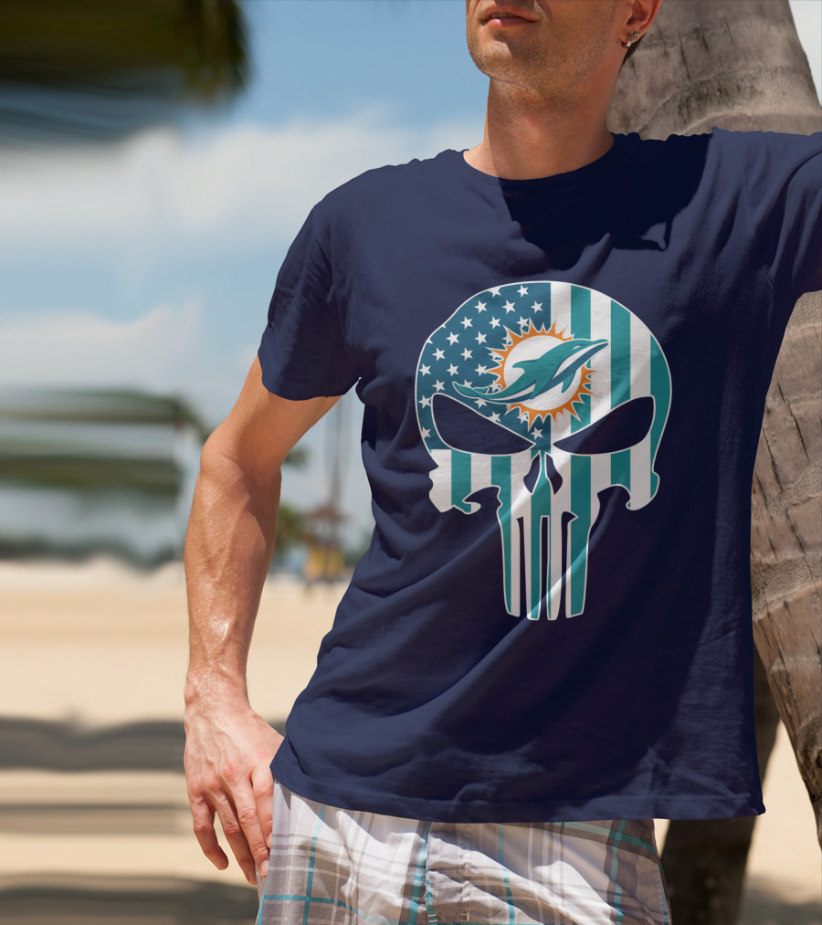 Miami Dolphins Punisher Skull American Flag T-Shirt