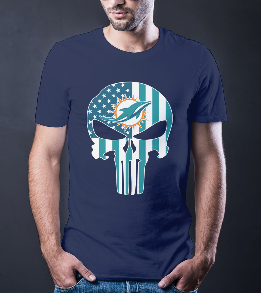 Miami Dolphins Punisher Skull American Flag T-Shirt