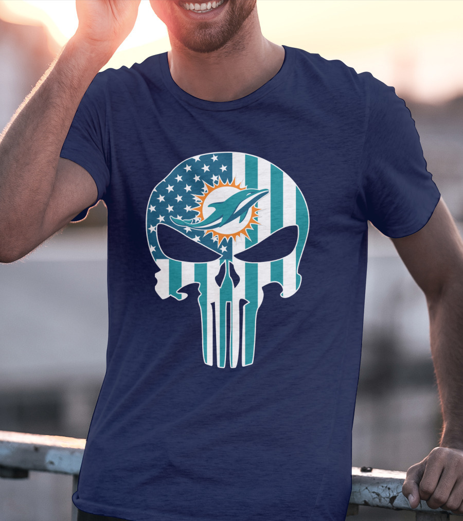 Miami Dolphins Punisher Skull American Flag T-Shirt