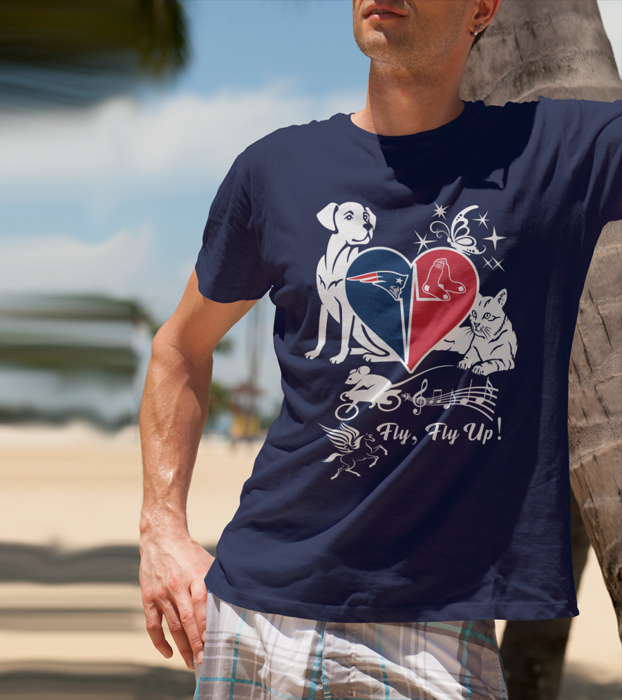 New England Patriots Red Sox Heart With Animals And Fly Fly Up T-Shirt