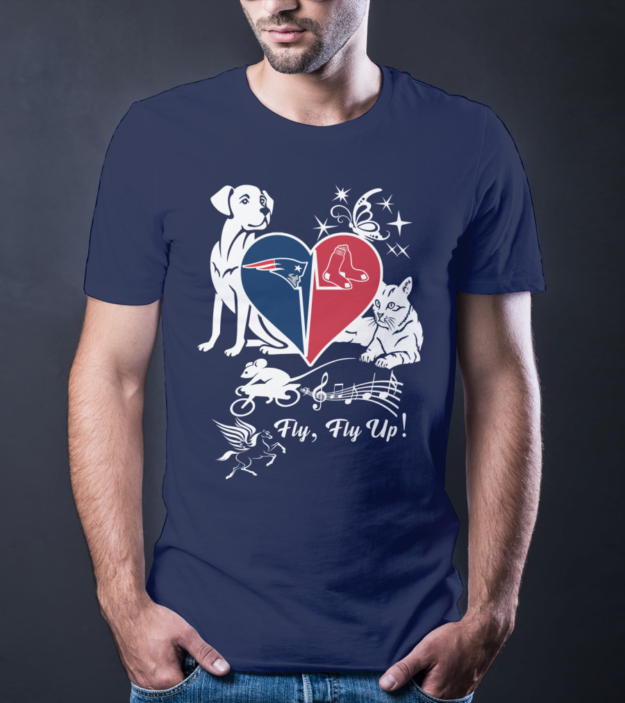New England Patriots Red Sox Heart With Animals And Fly Fly Up T-Shirt