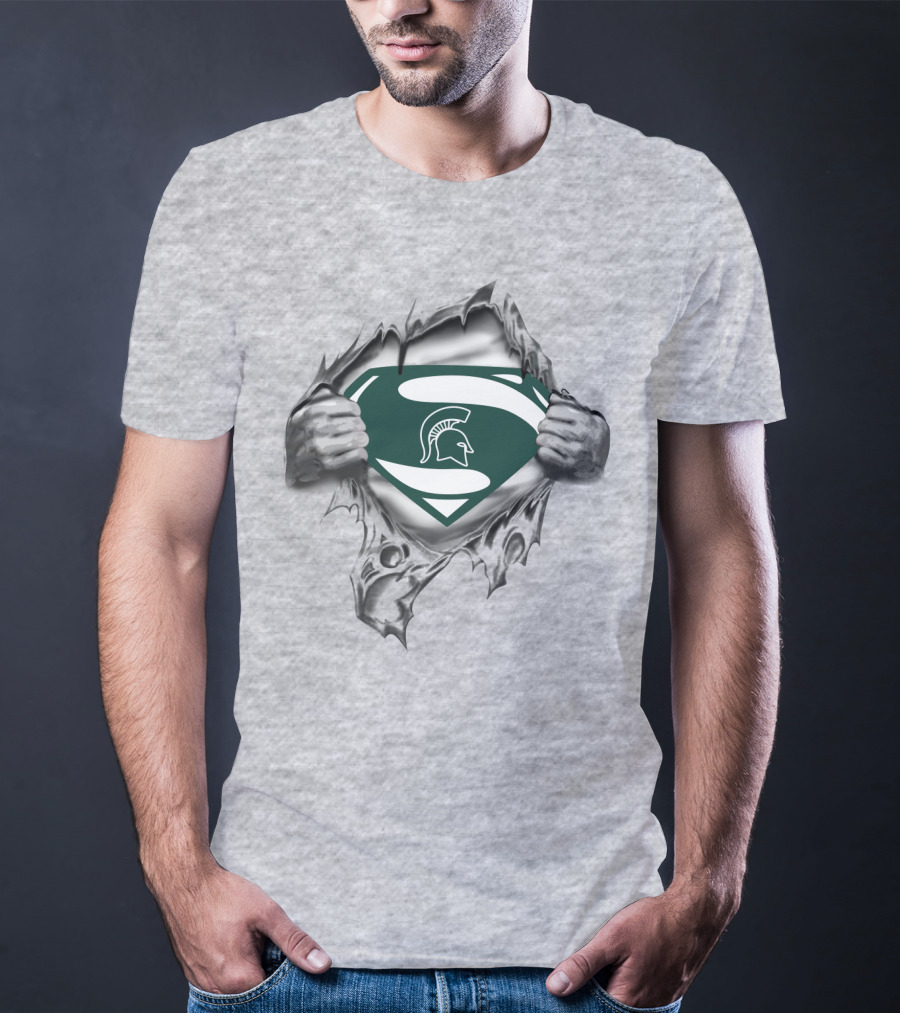 Michigan State Spartans Logo Superman Shield Pulled Open Hands T-Shirt