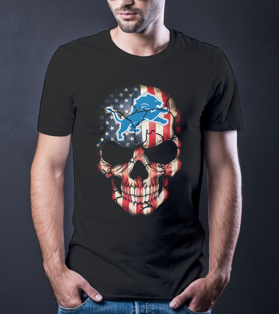 Detroit Lions American Flag Skull T-Shirt