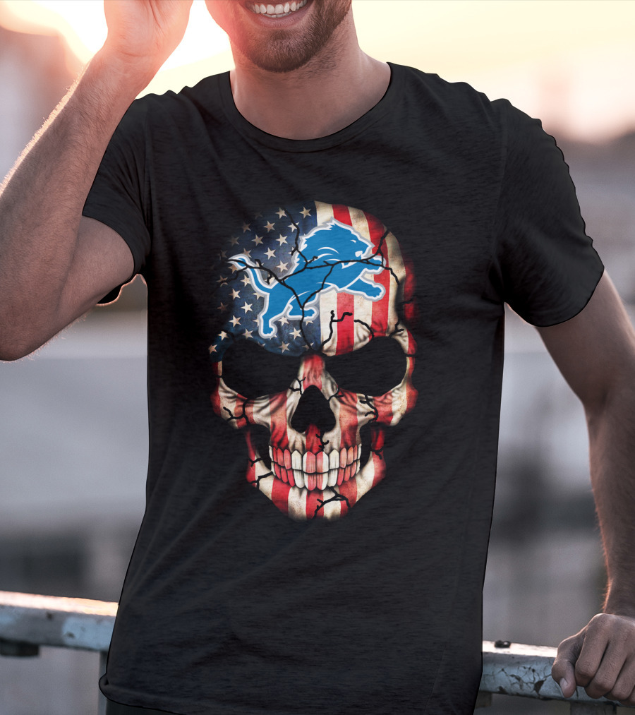 Detroit Lions American Flag Skull T-Shirt
