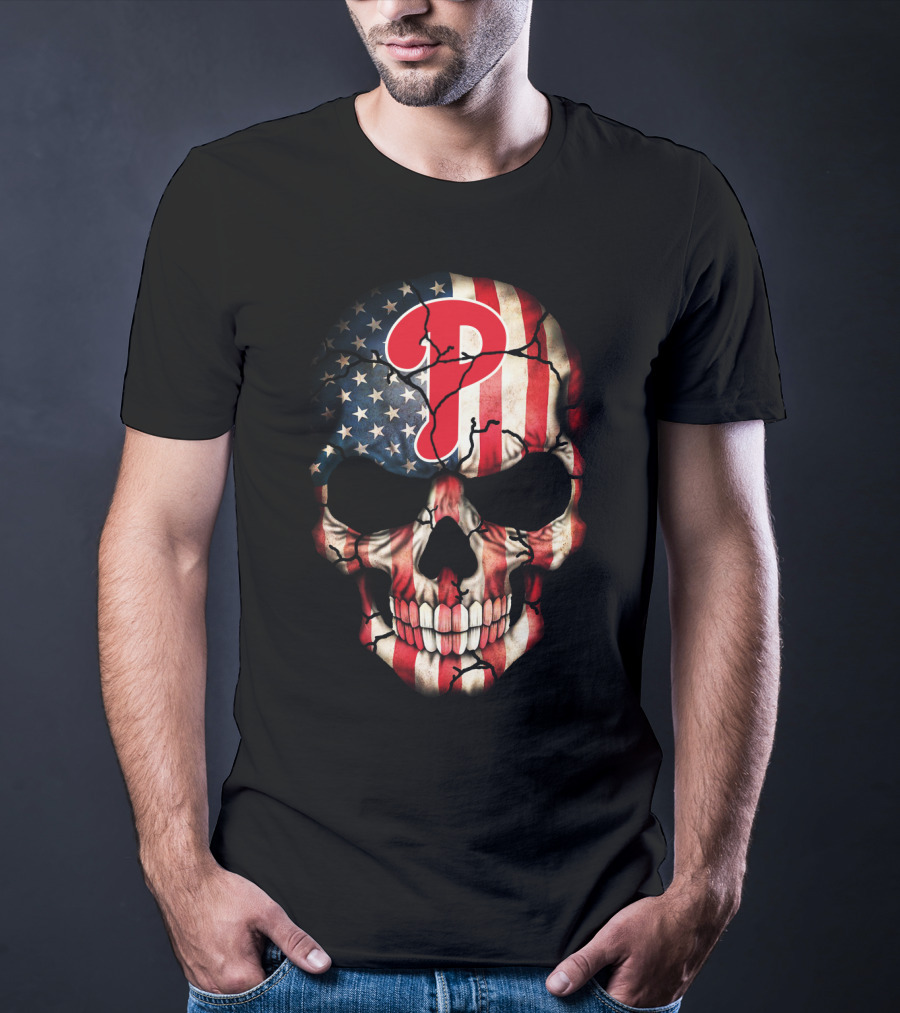 Phillies Skull American Flag Cracked T-Shirt