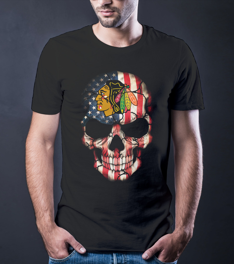 Chicago Blackhawks Skull American Flag T-Shirt