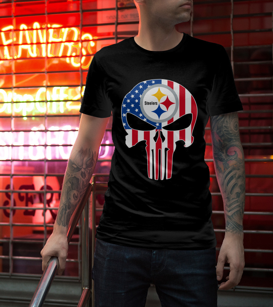Steelers American Flag Skull T-Shirt
