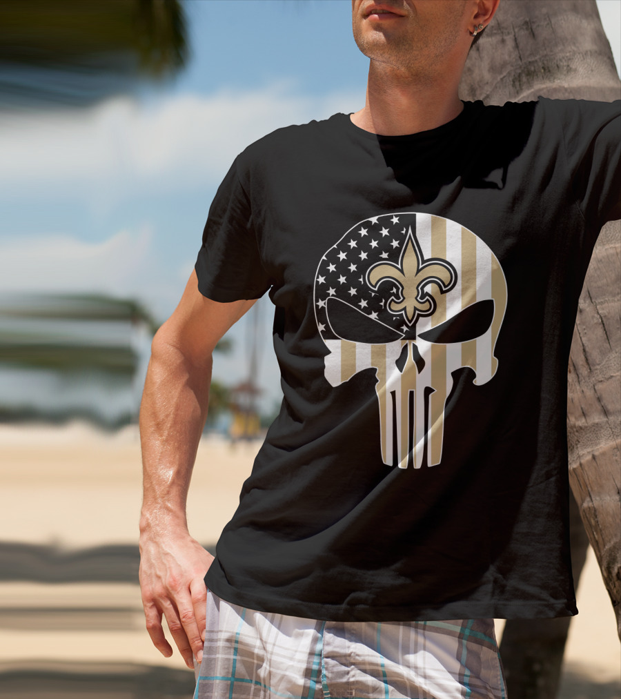 Saints Punisher Skull American Flag Fleur-De-Lis T-Shirt
