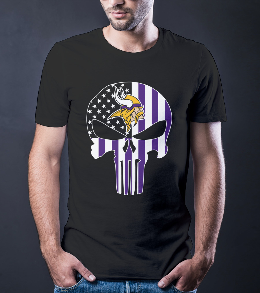 Minnesota Vikings Punisher American Flag Skull T-Shirt