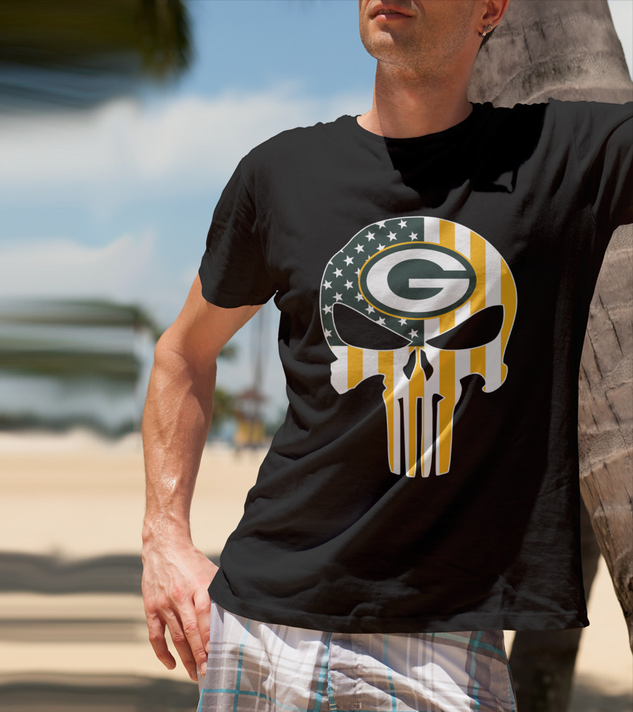 Green Bay Packers Punisher Skull American Flag T-Shirt