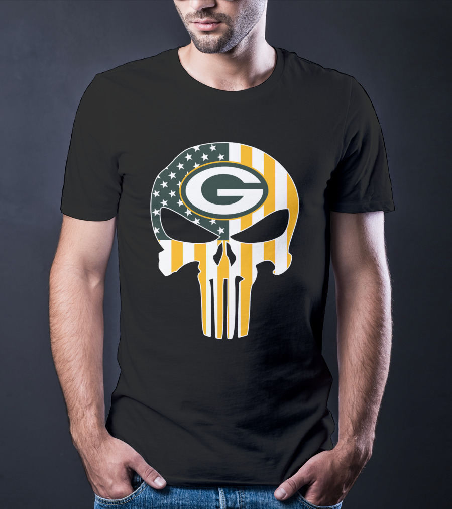 Green Bay Packers Punisher Skull American Flag T-Shirt