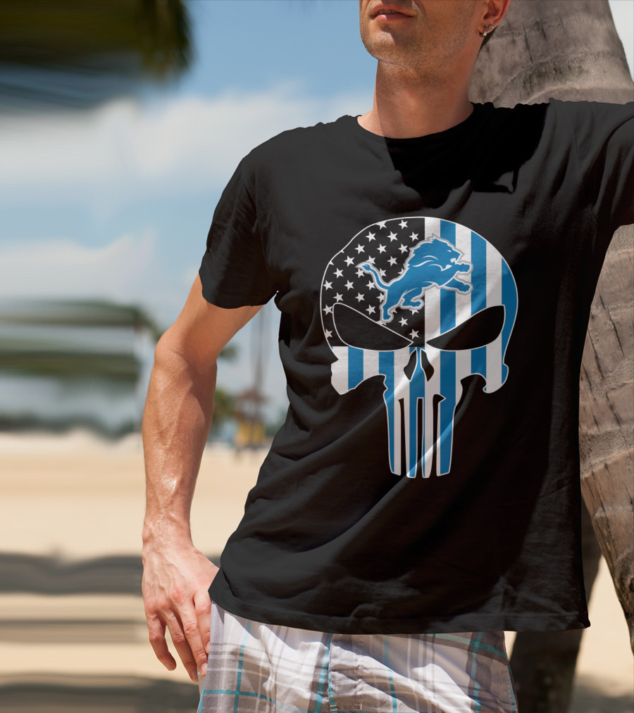 Detroit Lions Punisher Skull Logo American Flag T-Shirt