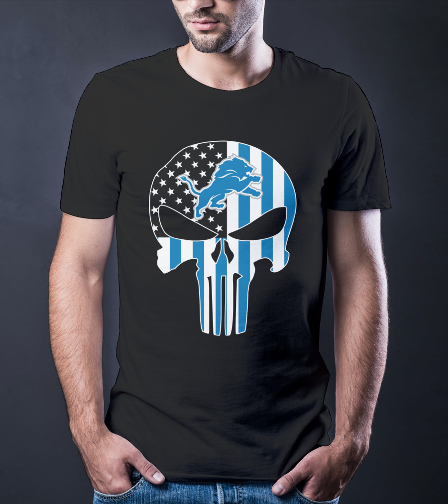 Detroit Lions Punisher Skull Logo American Flag T-Shirt