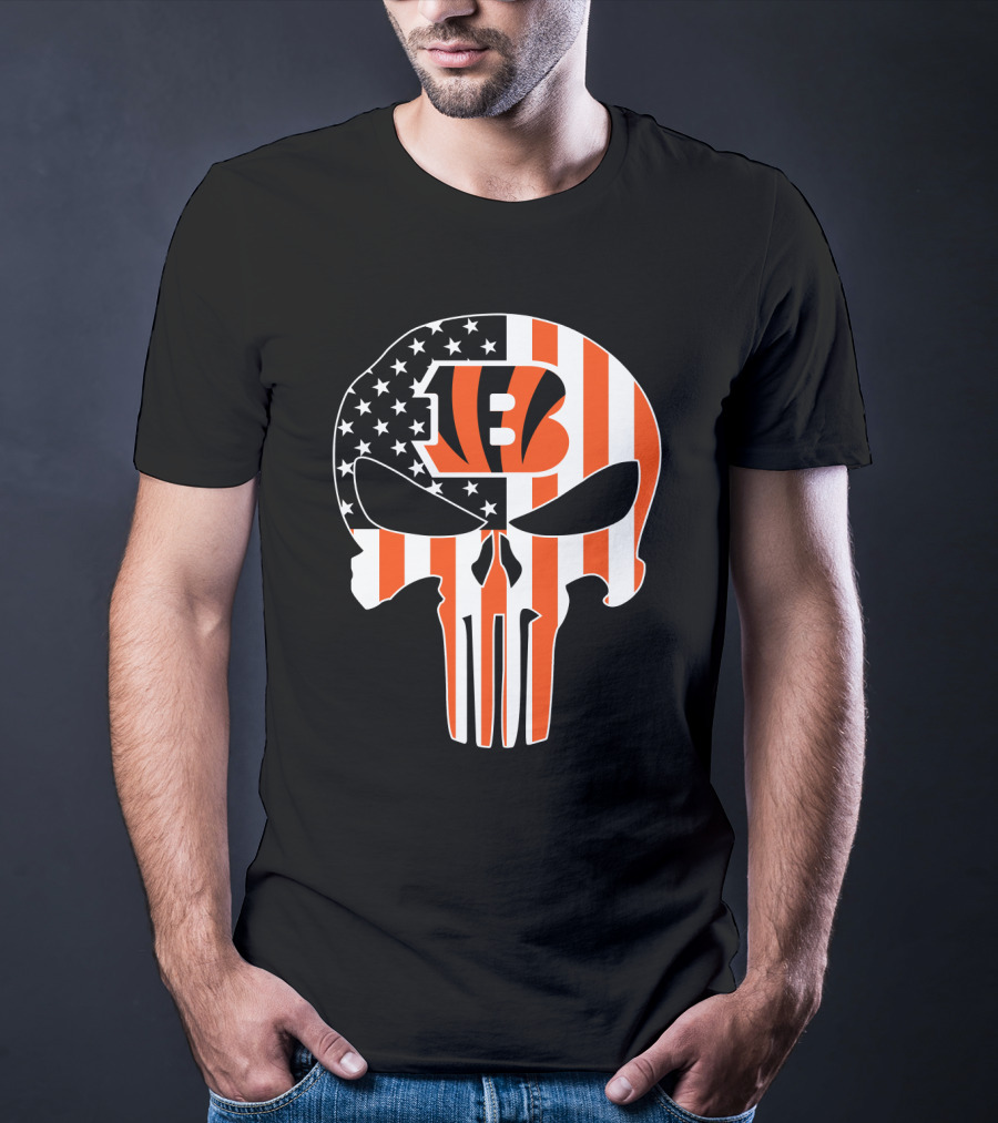 Bengals Skull American Flag Stripes T-Shirt