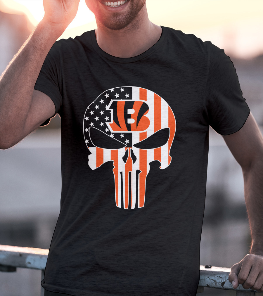 Bengals Skull American Flag Stripes T-Shirt