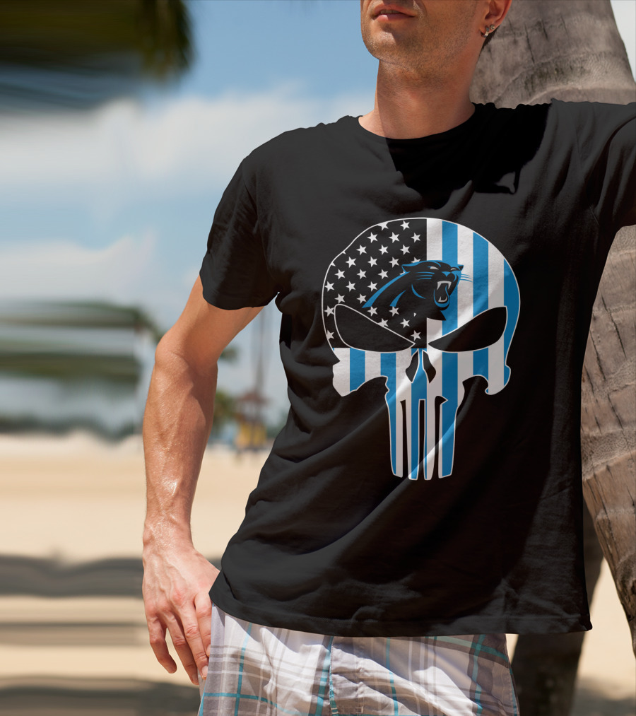 Carolina Panthers Punisher Skull American Flag T-Shirt