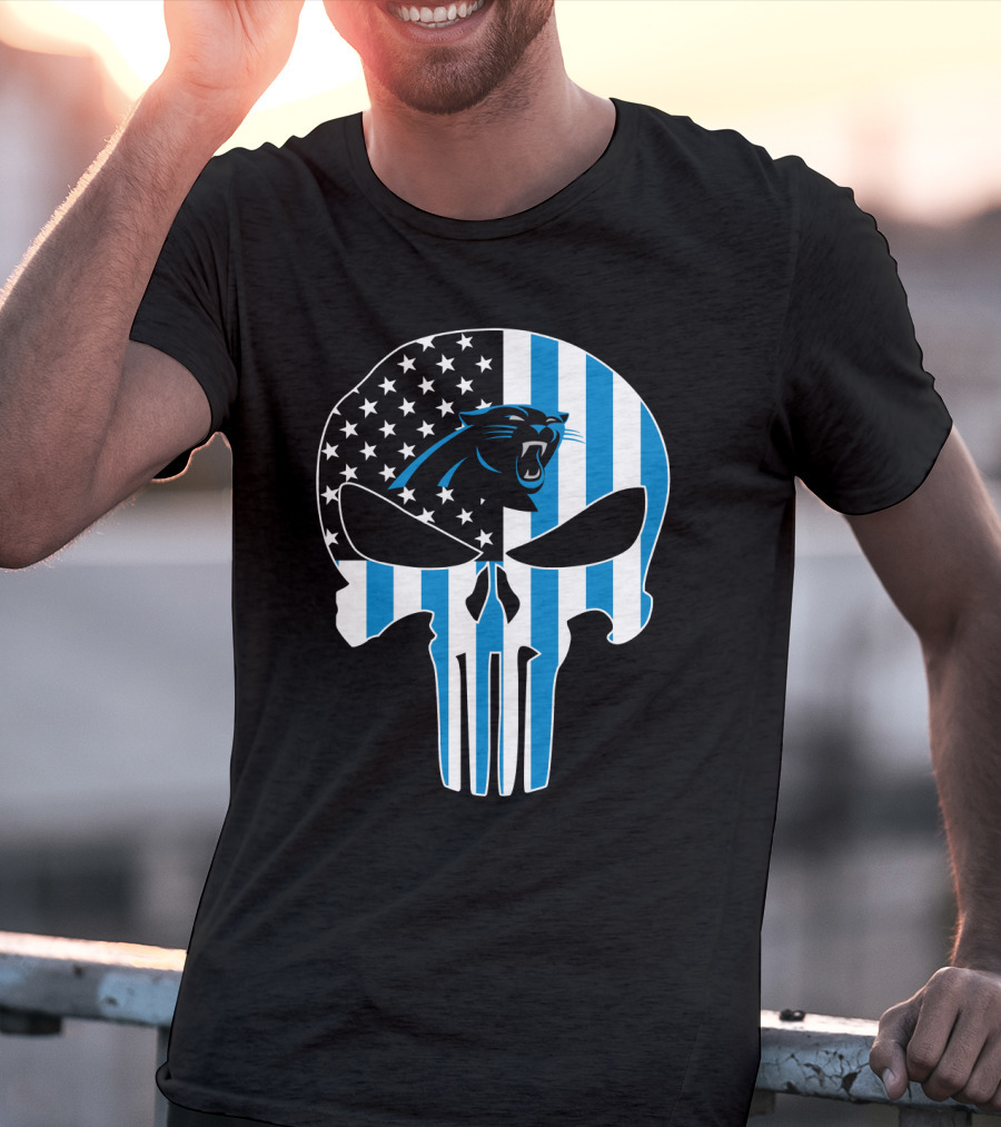 Carolina Panthers Punisher Skull American Flag T-Shirt
