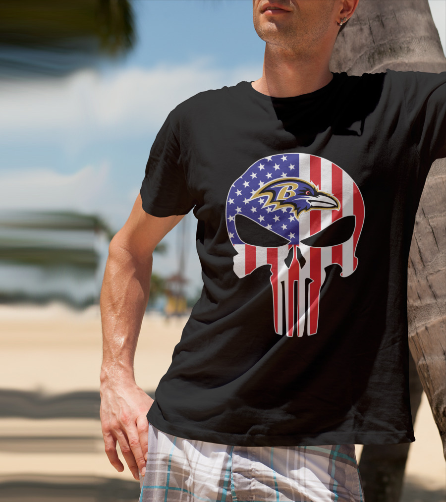 Ravens Skull American Flag Punisher Style T-Shirt